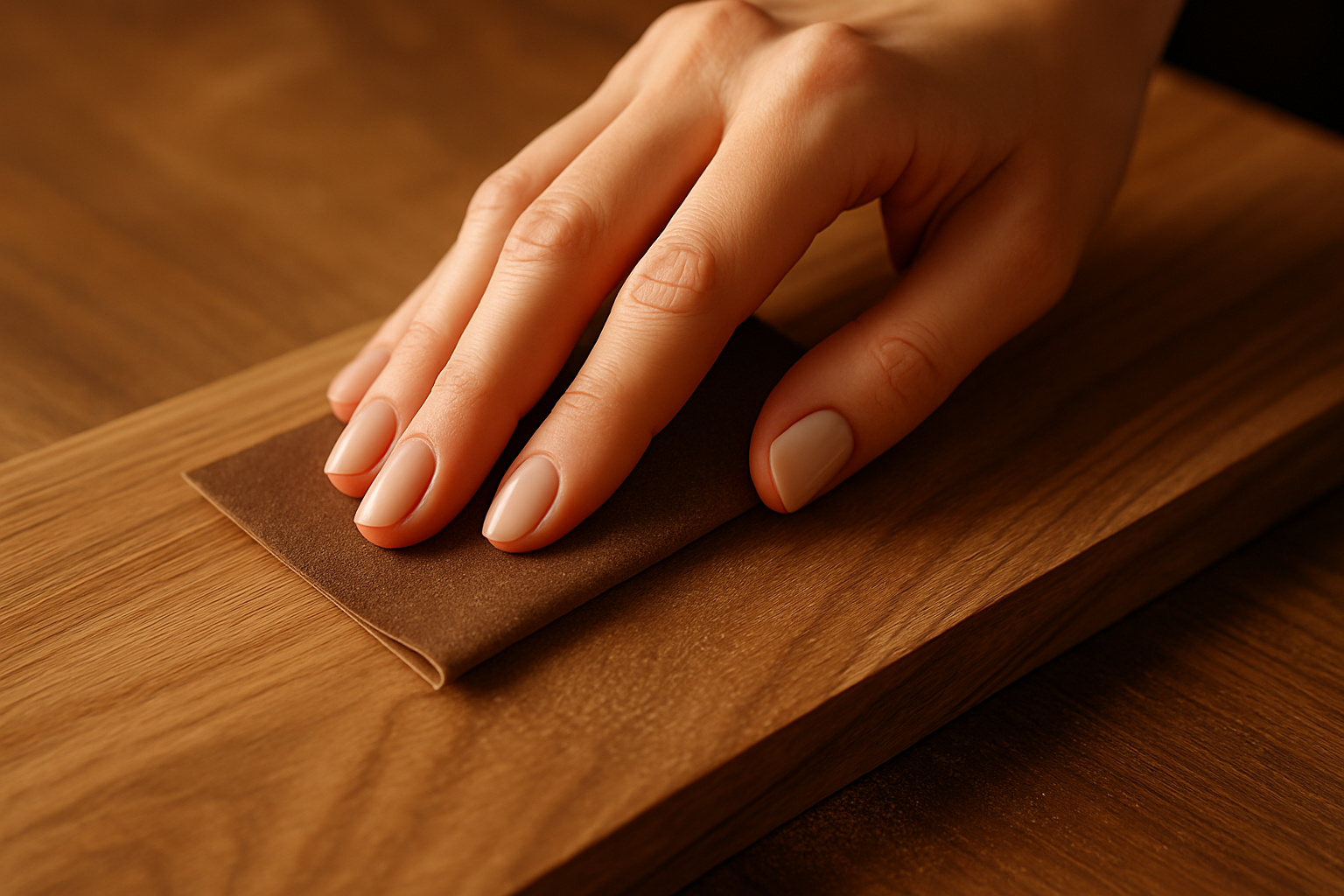 Translation missing: en.woman&#39;s hand with simple manicure nails sanding wood
